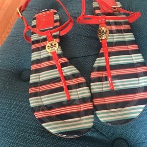 Tory Burch Emmy Sandal orange navy size 8.